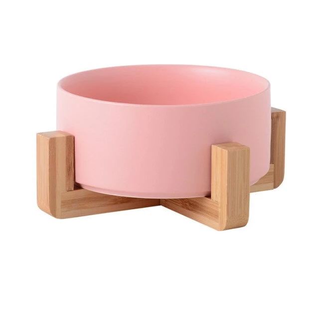 Ceramic Feeder With Wooden Stand Dia:16cm H:6.5cm Pink