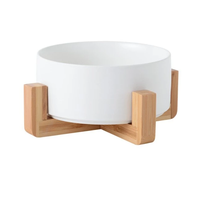 Ceramic Feeder With Wooden Stand Dia:26cm H:10.5cm White