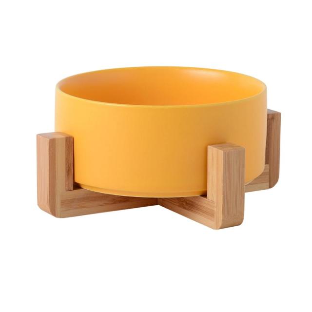 Ceramic Feeder With Wooden Stand Dia:16cmH:6.5cm Yellow